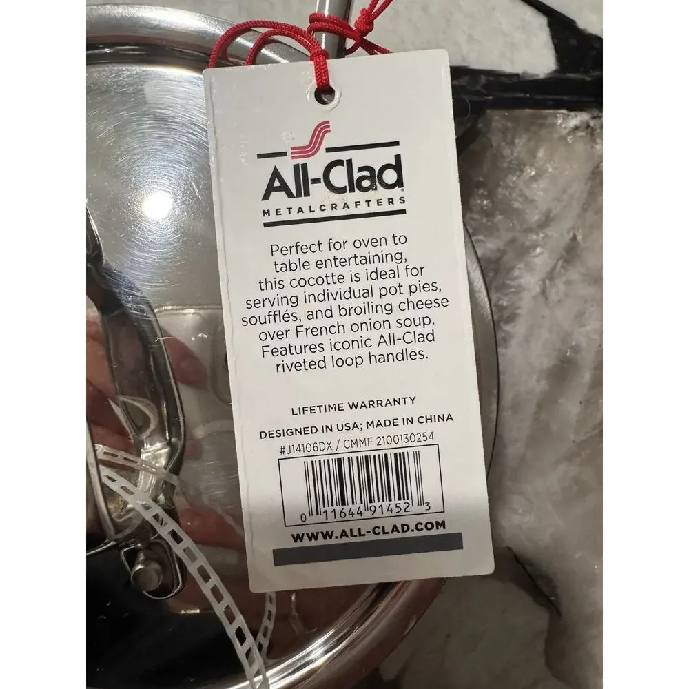 Two ALL CLAD Stainless Steel 1/2 QT. Cocotte with Lids. New. Lifetime Warranty